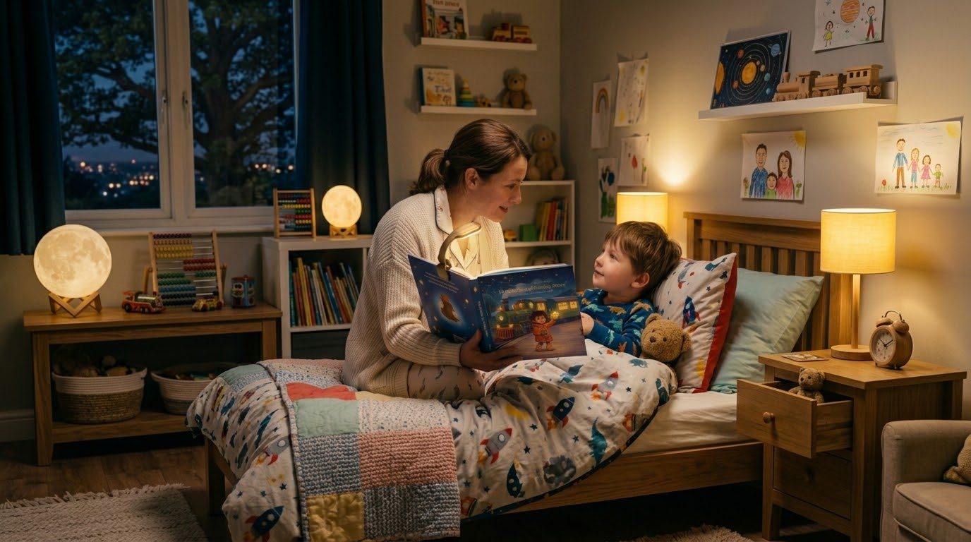 A mother reading a bedtime storybook with her son, who looks up at her from bed