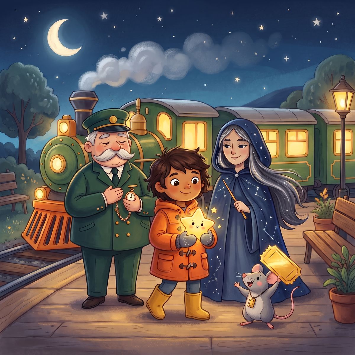 The Conductor, Rowan holding Pip the little star, Maren the Star-Keeper and Tick the Ticket Mouse on a moonlit train platform