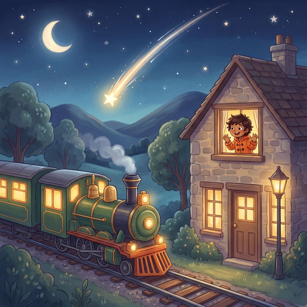 A gentle green steam train with warm yellow windows waits in a moonlit valley; a child in an orange coat watches from a bedroom window as a single star streaks down the sky.