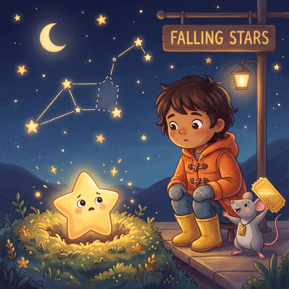 A tiny station platform under a sign reading FALLING STARS; in a crater of glowing moss sits a small, dim star with wide eyes; above, a constellation with one point missing, shown as a dashed gap.