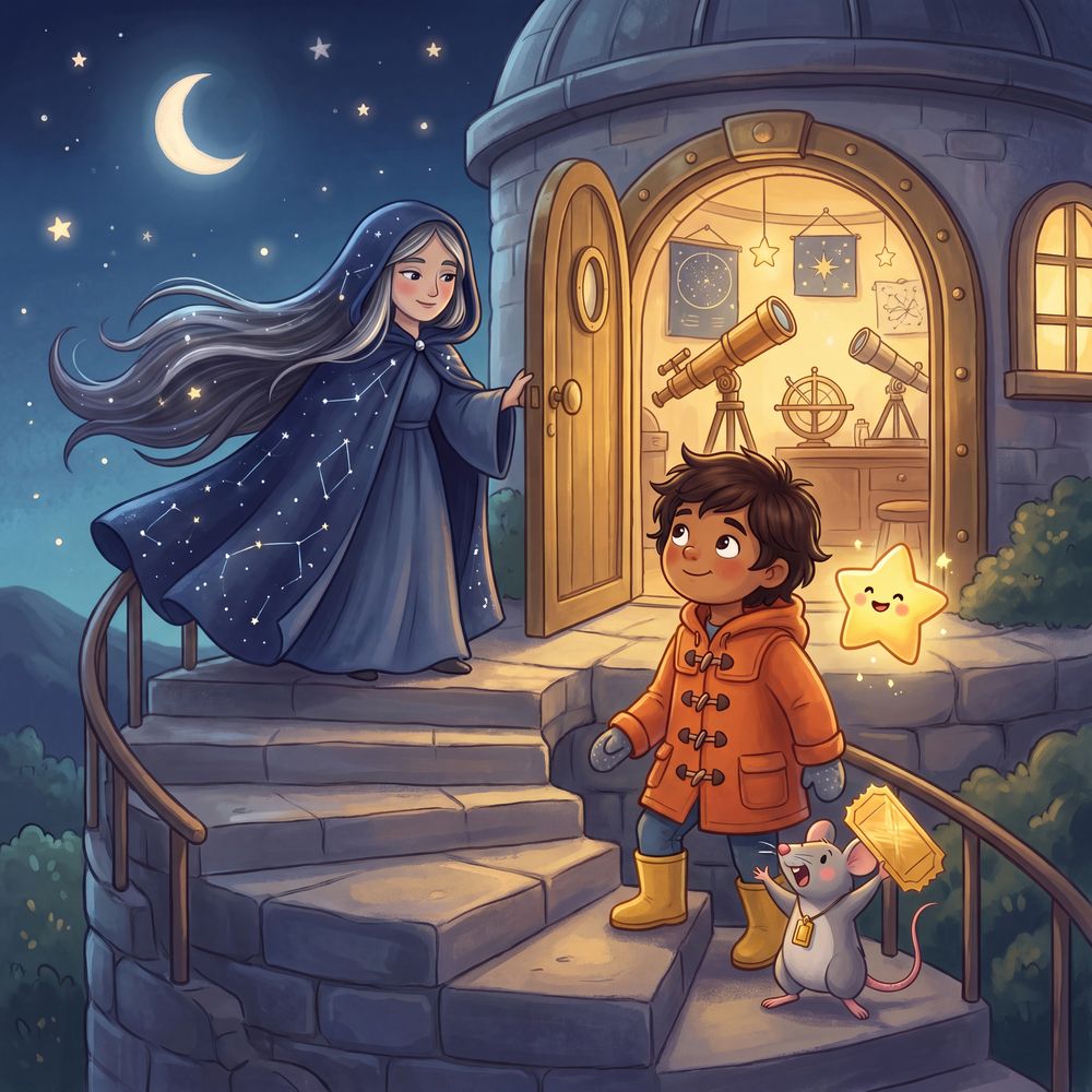 A spiral stone staircase winding up a hillside observatory; a tall, cloaked Star-Keeper with silver-streaked hair opens a round brass door; telescopes and hanging star-charts glint inside.
