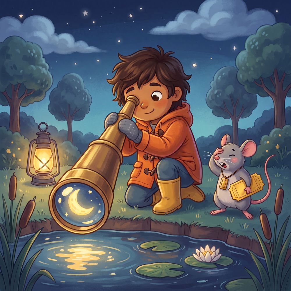 The child aims a huge brass spyglass the wrong way, down toward a duck pond; in the lens, only the moon's wobbly reflection; a ticket-holding mouse covers its eyes.