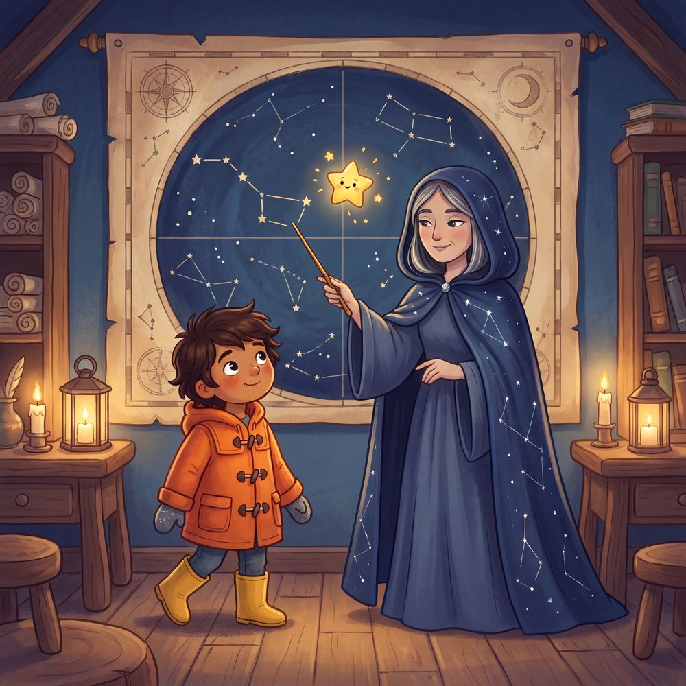An enormous wall map of the night sky, lit by candle-lanterns; a small constellation shaped like a ladle with its lowest star missing; the Star-Keeper points with a long wand.