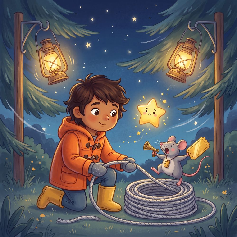 The child, the mouse, and the little star wind a great coil of silver rope under a rising wind; pine branches whip; lanterns swing on their hooks.